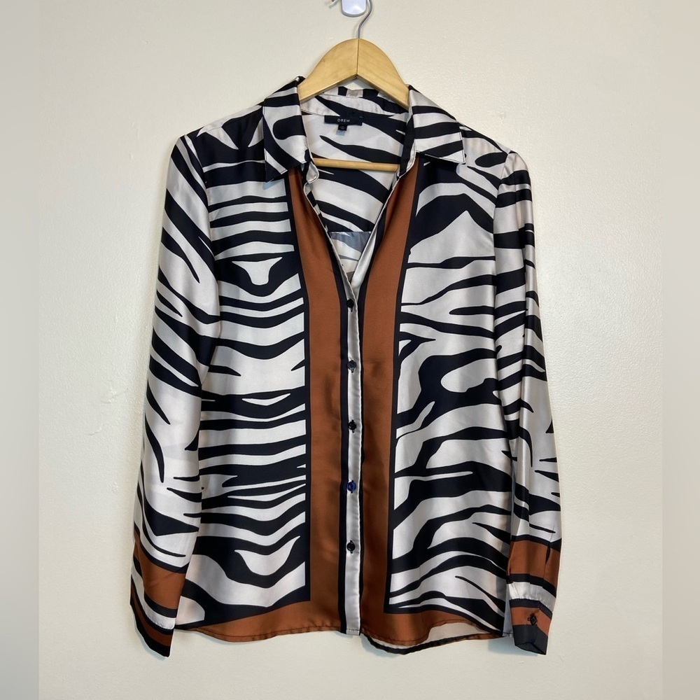 DREW Satin Zebra-Print Blouse Made in USA, Imported Italian Fabric